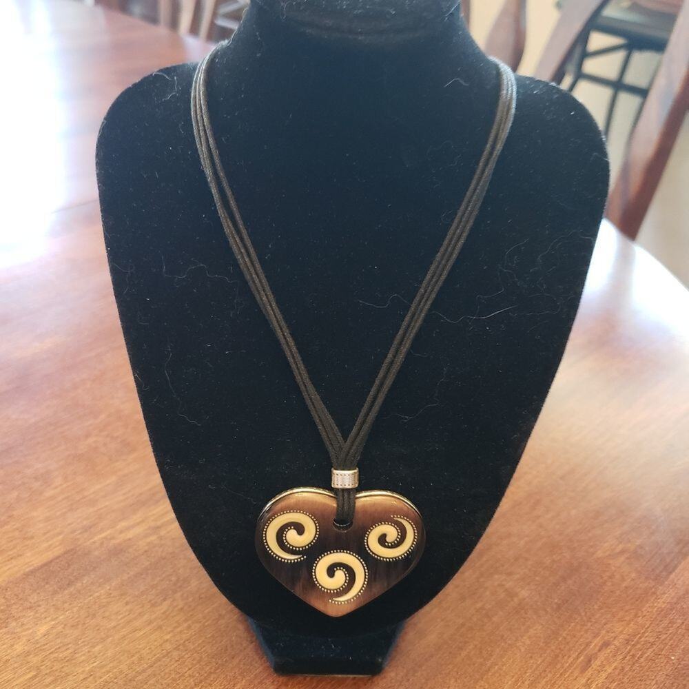 Brown Heart Pendant Necklace Spiral Design Black Cord‎ Fashion Jewelry